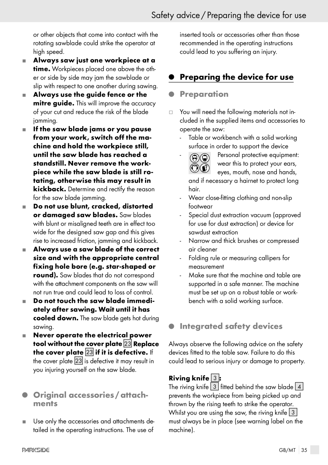 Kompernass PTKS 1800 SE Safety advice / Preparing the device for use, Original accessories / attach- ments, Preparation 